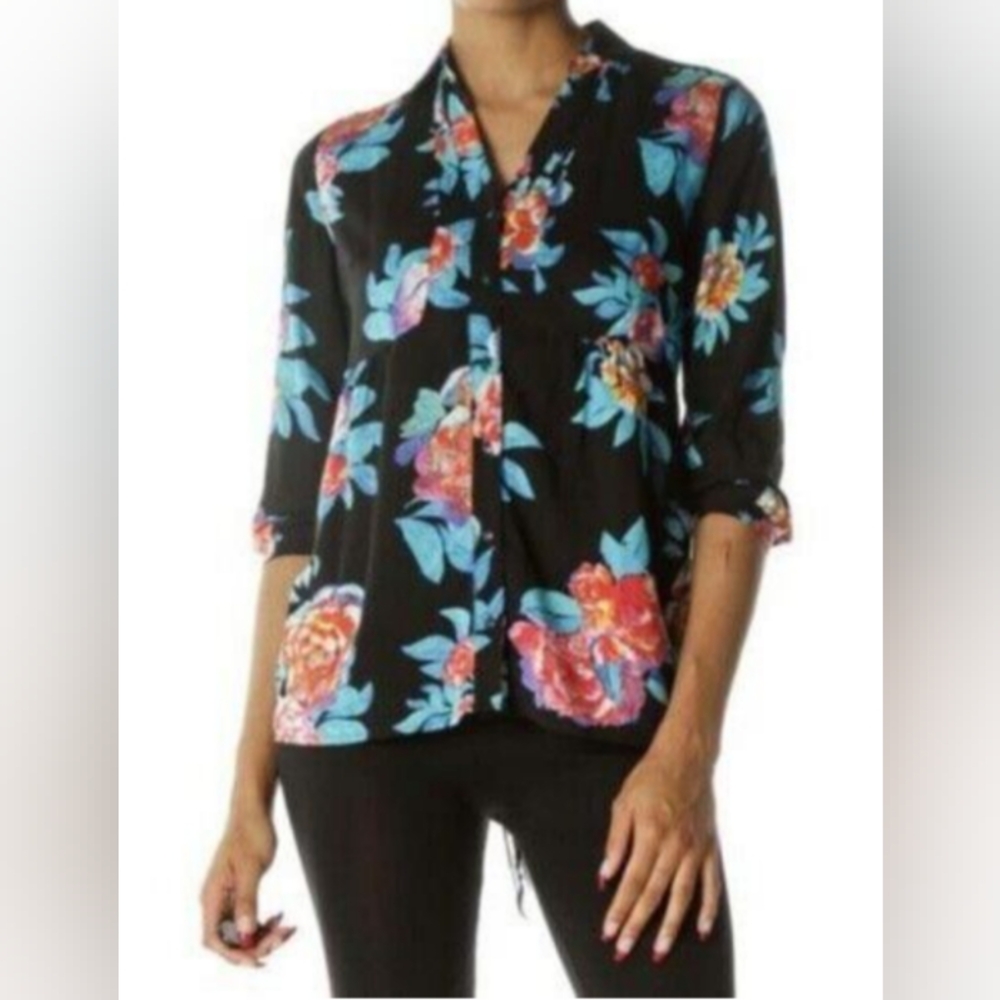 Maeve Anthropologie Black Floral Button up Top Ladies Small